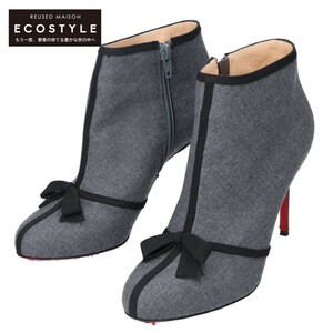 美品/ Christian Louboutin クリスチャンルブタン ARNOEUD 85 FLANEL リボン ピンヒールブーティ/ シューズ 37 グレー レディース