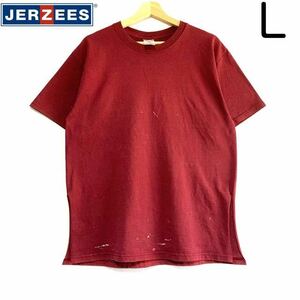 輸入古着 JERZEES ジャージーズ Tシャツ バーガンディ ワインレッド カットオフスリット ペンキスプラッシュ