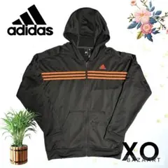 adidas アディダス　フード付きパーカー 黒 オレンジライン　XO 2XL