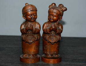 ▽鴻▽ 黄楊木製 細密彫 童男童女 置物 古賞物 中国古玩 中国古美術