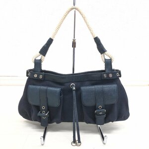 ●Rope ロペ リザード型押し 部分本革 レザー キャンバス ハンドバッグ 紺 ネイビー ショルダーバッグ ワンハンドル 裏地総柄 レディース