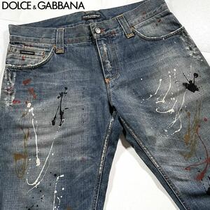 極美品/XLサイズ●ドルチェ&ガッバーナ デニムジーンズ ジーパン パンツ DOLCE&GABBANA インディゴウォッシュ ロゴタグ ペイント加工 50