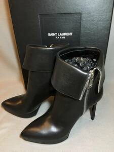 美品 SAINT LAURENT PARIS サンローラン パリ 最高級 レザー ショート ブーツ 37.5 黒 本革 靴 シューズ ブラック ピンヒール