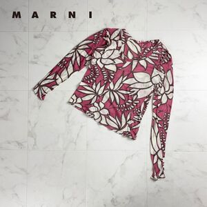 美品 MARNI マルニ 花柄 アシンメトリーシアーロングスリーブ下カットソー ロンT トップス レディース ピンク 白 茶色 サイズ38*SC1103