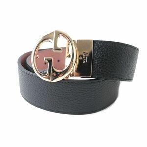 美品★GUCCI グッチ 450000 GGロゴバックル リバーシブル レザーベルト ブラック×ピンク ゴールド金具 70/28 イタリア製 保管袋付