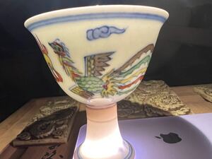 大明成化年製　色絵染付碗　龍紋　径約15cm　(検)茶碗 碗 鉢 唐物 中国美術 古玩 高杯