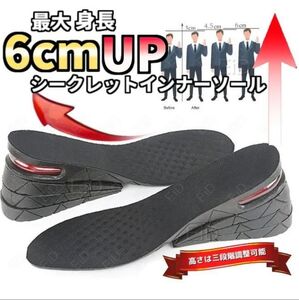 シークレットインナーソール 3段階調整 6cm 身長アップ 底上げ 中敷き 身長UP 底上げ 中敷き 衝撃吸収 低反発クッション 通気性 厚底