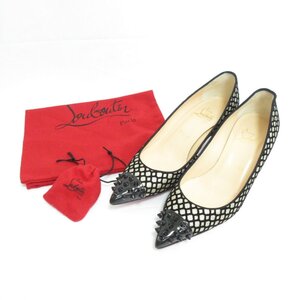 美品 Christian Louboutin クリスチャンルブタン GEO スパイクスタッズ ポインテッドトゥ パンプス 37 約24.0cm ブラック×ゴールド ◆