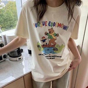 半袖Tシャツ 韓国 レディース トップス 可愛いプリント おしゃれ 綺麗め L ベージュ