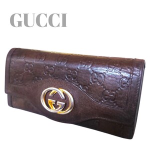 １円〜【美品】 GUCCI グッチ グッチシマ 長財布 レザー 本革 GRANT グラント ダークブラウン色系 小銭入れ有り希少 レア