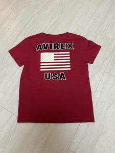 国内正規品 美品 AVIREX アヴィレックス 半袖Tシャツ 刺繍tシャツ デカロゴ 綿100% 赤 USA刺繍 レディース Fサイズ バイク バイカー