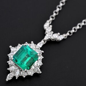 M1642【BSJJ】Pt900/850 コロンビア産 F2 天然エメラルド3.13ct ダイヤモンド1.01ct+0.30ct ロング ペンダント ネックレス GIA 大粒 絶品