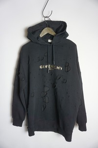 美品正規 20SS GIVENCHY ジバンシィ Distressed Logo Hoodie デストロイ ダメージ 加工 プルオーバー パーカー BW900C3Z3F黒XS本物1008O▲