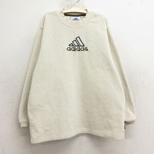 古着 アディダス adidas 長袖 フリース トップス キッズ ボーイズ 子供服 90s ビッグロゴ 刺繍 クルーネック 薄ベージュ カーキ 24oct29