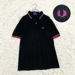 FRED PERRY フレッドペリー（38）半袖ポロシャツ　月桂樹ロゴ　刺繍ロゴ　マルチカラー　コットン　ストレッチ素材　ブラック　美品