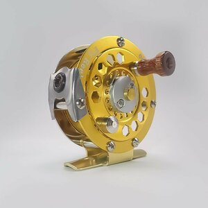 1円～ フライリール 65mm 1:1 BF600 ドラグ付 波堤 落とし込み チヌ フライフィッシング ゴールド 釣り用品 釣り 木製ハンドル