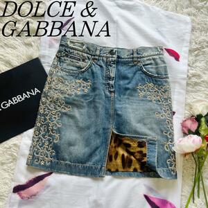 【美品】DOLCE&GABBANA デニムスカート 刺繍 レオパード 44 L ドルチェアンドガッバーナ