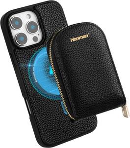 HanmanのMagSafe Wallet Case for iPhone 16 Pro、RFIDブロッキングPUレザージッパー財布磁気カバーは、iPhone 16 Proに適しています。