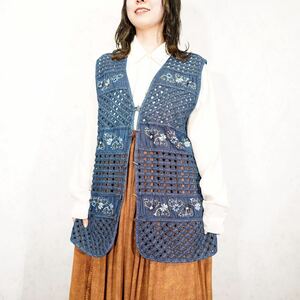 USA VINTAGE FLOWER EMBROIDERY MESH DESIGN DENIM VEST/アメリカ古着お花刺繍メッシュデザインデニムべスト