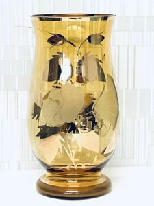 BOHEMIA ボヘミアグラス 金彩花紋アンバー ガラス製 花瓶 フラワーベース 花瓶 幅 約 12.5cm 高さ 約 25cm 中古 保管品 