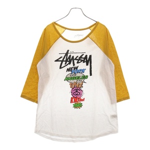 STUSSY ステューシー POPWTRAGLAN フロントプリント ラグラン 七分袖Tシャツ カットソー ホワイト/イエロー レディース