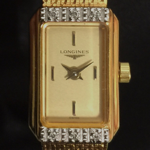 ロンジン クォーツ 腕時計 L7.363.2 レディース ゴールドカラー文字盤 スクエアフェイス 純正ブレス LONGINES