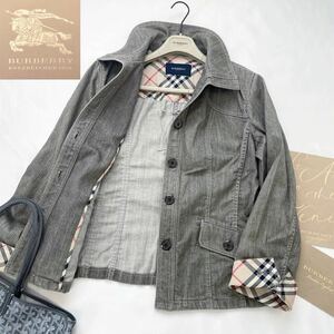 ★大きいサイズ★美品★バーバリー BURBERRY 44/13号/XL-3L メガチェックコンビ☆ストレッチデニムジャケット アウター 上品なグレージュ♪