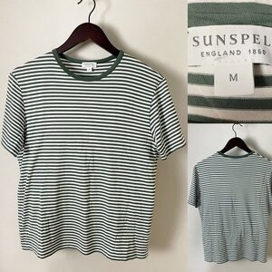 ★【並品 定番 イギリス製】 SUNSPEL サンスペル 572-2168018 コットン100％ クルーネック ボーダー Tシャツ カットソー（半袖）M 白 緑