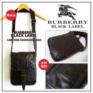 送料込 使用1回 極美品★バーバリー ブラックレーベル レザー ショルダーバッグ★Burberry BLACK LABEL/本革/シボ革/三陽商会/こげ茶/斜め