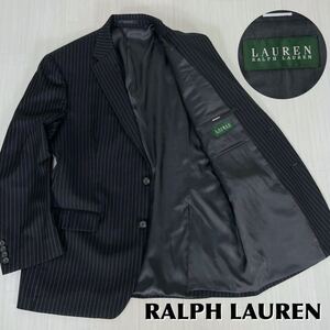 ☆美品☆高級☆LAUREN RALPH LAUREN☆ローレン ラルフローレン ストライプ シングル 2つボタン テーラードジャケット 44R 黒 ブラック 古着