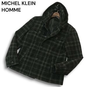 MICHEL KLEIN HOMME ミッシェルクラン オム 秋冬★ チェック柄 フード付き ウール ジャケット ショート コート Sz.48 メンズ　A4T13360_C#N