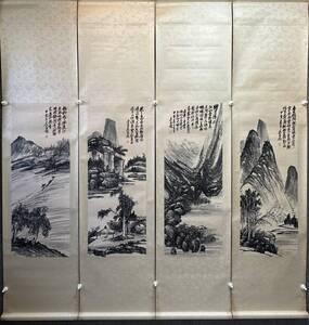 古美術 掛け軸 中国・近現代 「呉昌碩書」 紙本 【山水図四条屏】 立軸 書道 巻き物 肉筆保証 唐物 古画 画心40×106cm LT-2412155