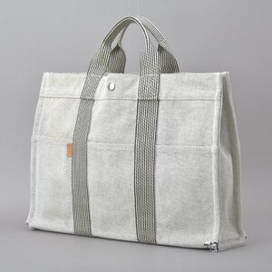 HERMES エルメス ニューフールトゥMM トートバッグ クリーニング済み グレー キャンバス ハンドバッグ A4 軽量 鞄 ※k.e/k.e