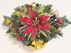 値下げ中！◇大きなベル付きラメ仕様のXmas壁掛け◇プレゼントにもどうぞ　Flower art 花音