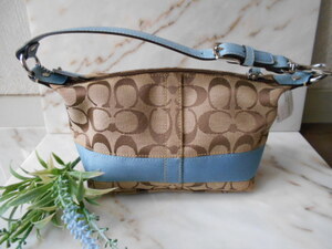 【新品タグ付】COACH★シグネチャー柄 ミニハンドバッグ★水色系★USA直送★定価\19000位