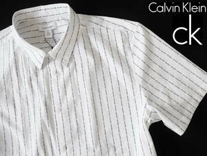 新品★カルバンクライン★爽やかな ホワイト 半袖シャツ★ロゴ ストライプ★白&黒 コットンシャツ L★CALVIN KLEIN☆766