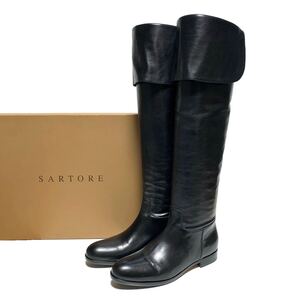 ☆未使用 SARTORE サルトル レザー 折り返し ニーハイ ロングブーツ 黒 size 36 イタリア製 ジョッキーブーツ 乗馬ブーツ エンジニアブーツ