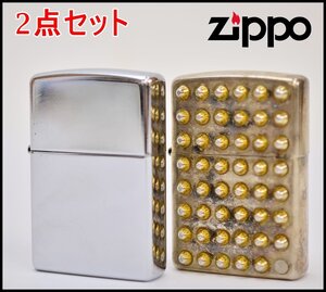 良品 2点セット Zippo オイルライター スタッズ 鋲 シルバー色 2014年 2002年 火花OK ジッポ