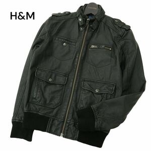 H&M エイチ＆エム 秋冬 本革 リアル レザー★ ミリタリー シングル ライダース ジャケット ブルゾン Sz.S　メンズ 黒　A4T05623_5#N