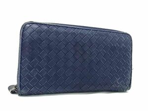 1円 BOTTEGA VENETA ボッテガヴェネタ イントレチャート レザー ラウンドファスナー 長財布 ウォレット レディース ネイビー系 FB9027