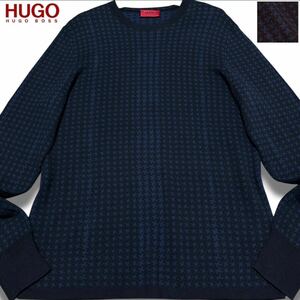 極美品●HUGO BOSS ヒューゴボス 赤タグ 千鳥格子柄 カシミヤ シルク コットン クルーネック セーター ニット ネイビー ブラック 黒 M-L程