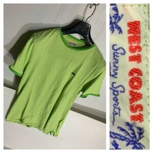 WEST COAST Sunny Sports サニースポーツ 黄緑 グリーン × 黄色 イエロー × 白 ホワイト マリンボーダー 胸元刺繍 半袖 Tシャツ M