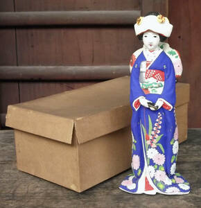 時代 アンティーク 土人形 花嫁人形 戦前? 時代 日本人形 着物 和服 和装 角隠し 色打掛 青地 美人 女性 大石 骨董 約21.5cm