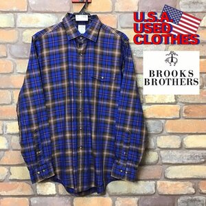 ME9-145★USA買付・正規品★美品★【Brooks Brothers ブルックスブラザーズ】チェック 長袖 コットン ドレスシャツ【メンズ M】青 茶