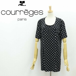 ◆Courreges クレージュ ストレッチ ロゴ ドット柄 ビーズ装飾 半袖 チュニック トップス 黒 ブラック×ホワイト 38