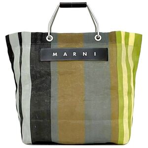 マルニ トートバッグ ec-21916 グリーン グレー ブラウン ストライプ 美品 ナイロン アルミ 中古 MARNI