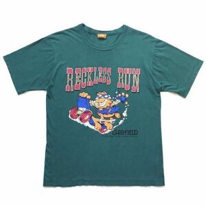 90s vintage GARFIELD ガーフィールド キャラクター プリントTシャツ 半袖 グリーン green size M 希少 シングルステッチ コピーライト入