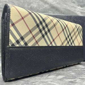 【極美品】 Burberry バーバリー レディース ビジネス 長財布 二つ折り財布 黒 ブラック レザー 本革 ノバチェック コインケース がま口 