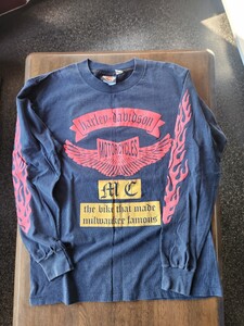 90s Harley Davidson 古着 レア 希少 両面 袖 凸凹 プリント ハーレー ダビッドソン 長袖Tシャツ ロンT ビンテージ ブラック M フレイム