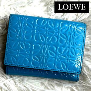 希少品 / LOEWE ロエベ リピートアナグラムトリフォールドウォレット 三つ折り財布 ミニ財布 パテントレザー ライトブルー アナグラム